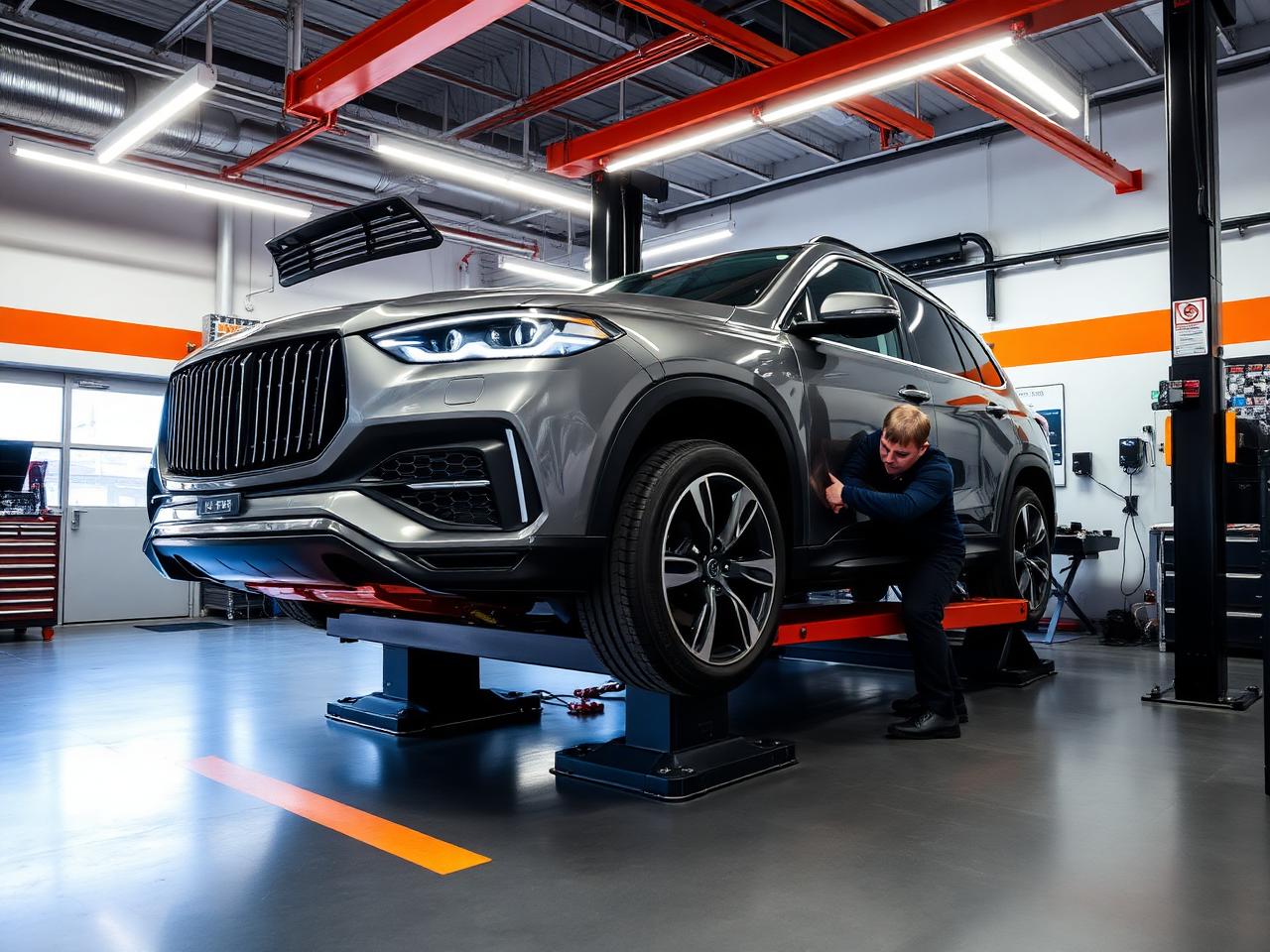 Car on hydraulic lift in service garage